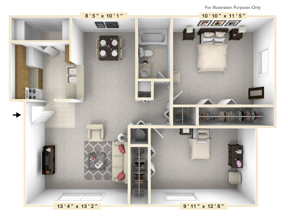 Floor plan for 2 beds, 1 bath, 815 sqft